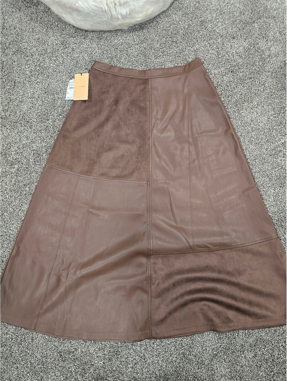 Halogen Brown Patchwork Faux Leather and Suede Midi Skirt, Size M